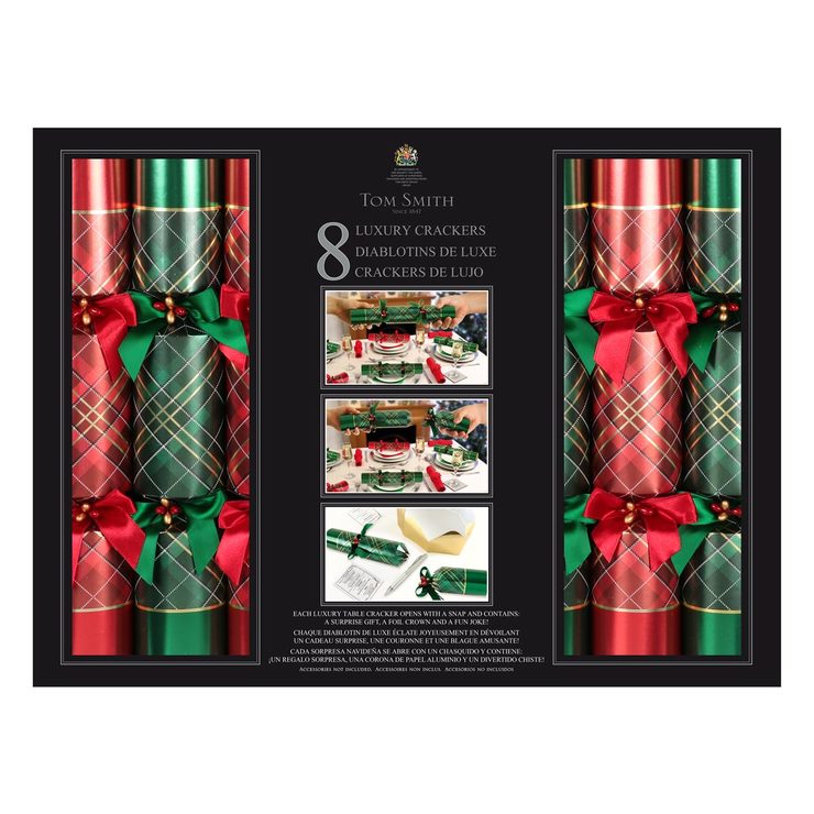 Tom Smith 14 Inch (36 cm) Deluxe Christmas Crackers 8 Pack With Silver Plated Party Favours in 2 Styles