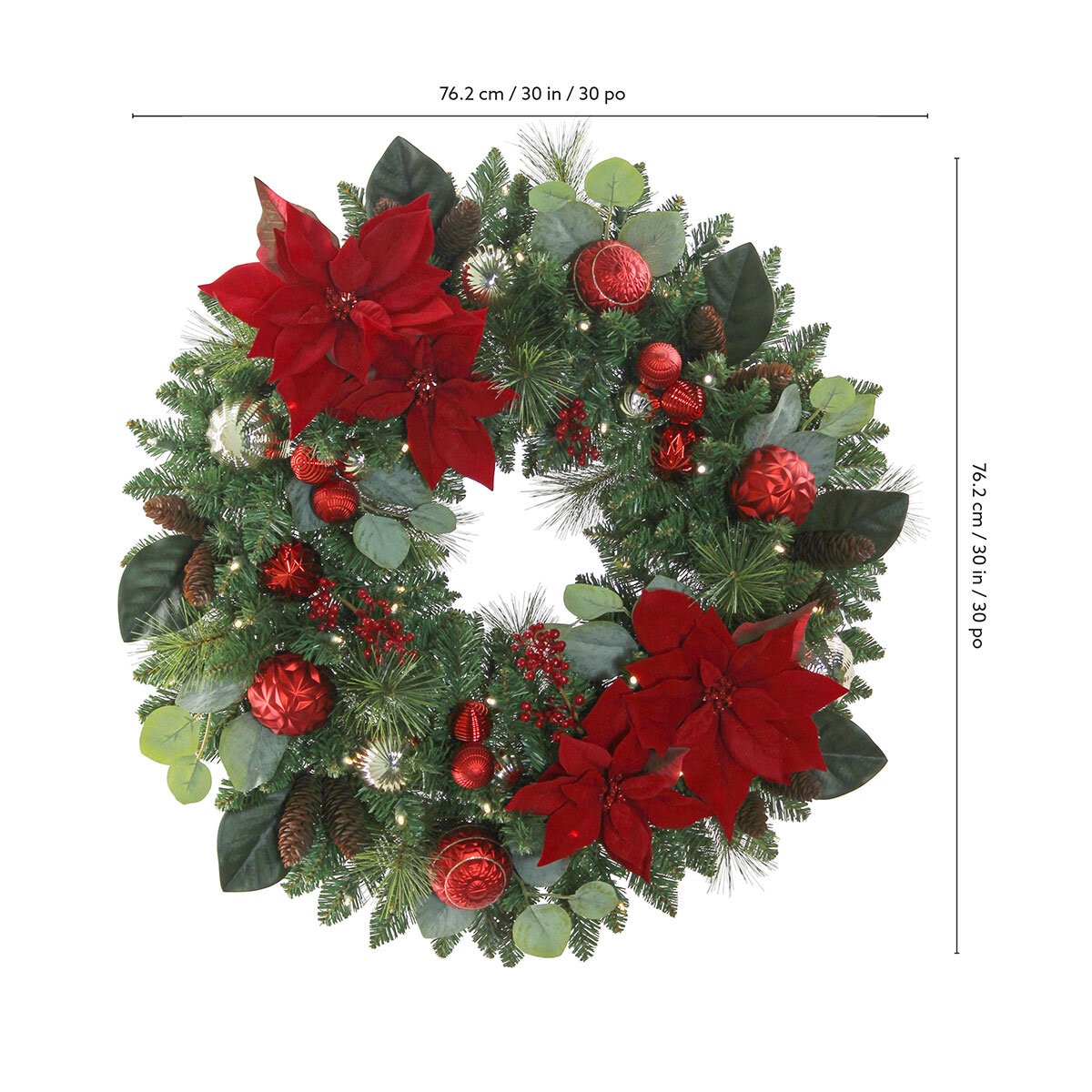 30 inch (76cm) Pre-Lit Decorated Wreath with 50 LED Lights
