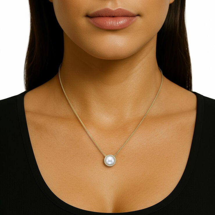 8-9mm Cultured Freshwater White Button Pearl & 0.16ctw Diamond Halo Pendant, 14ct Yellow Gold 8-9mm Cultured Freshwater White Button Pearl & 0.16ctw Diamond Halo Pendant, 14ct Yellow Gold