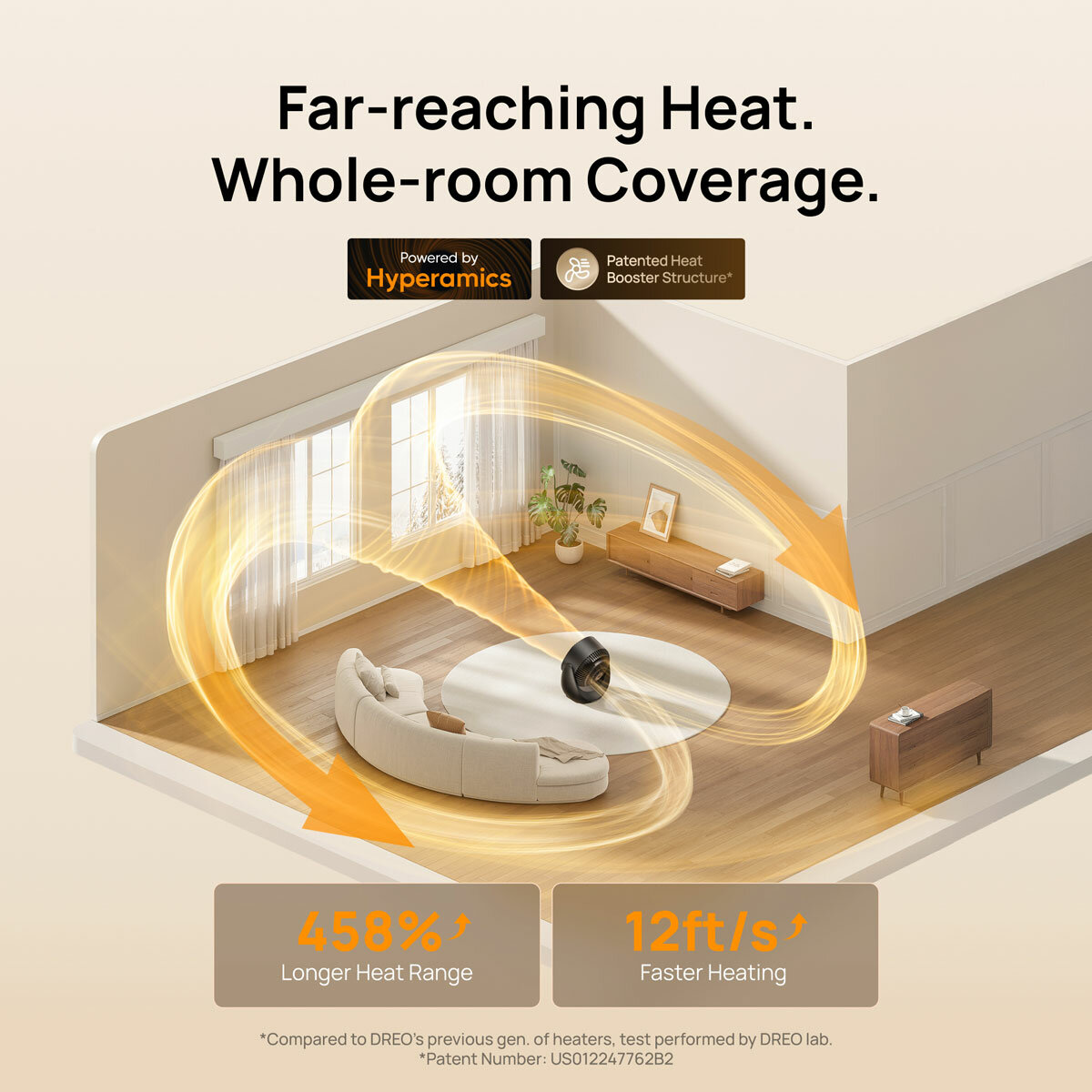 Lifestyle image of Dreo Whole Room Heater and Circulator showing whole room coverage