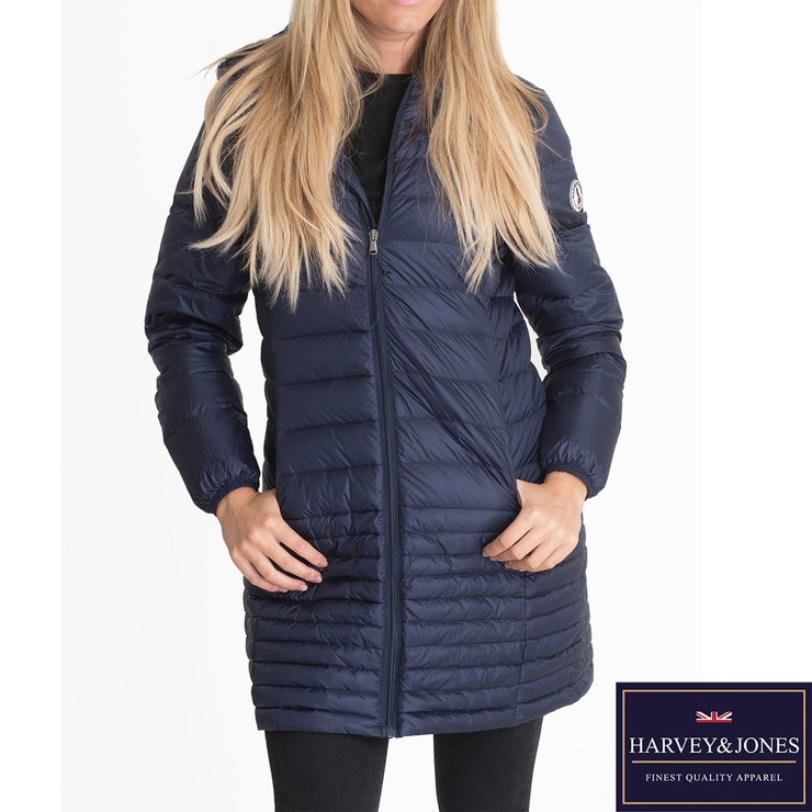 long navy down coat