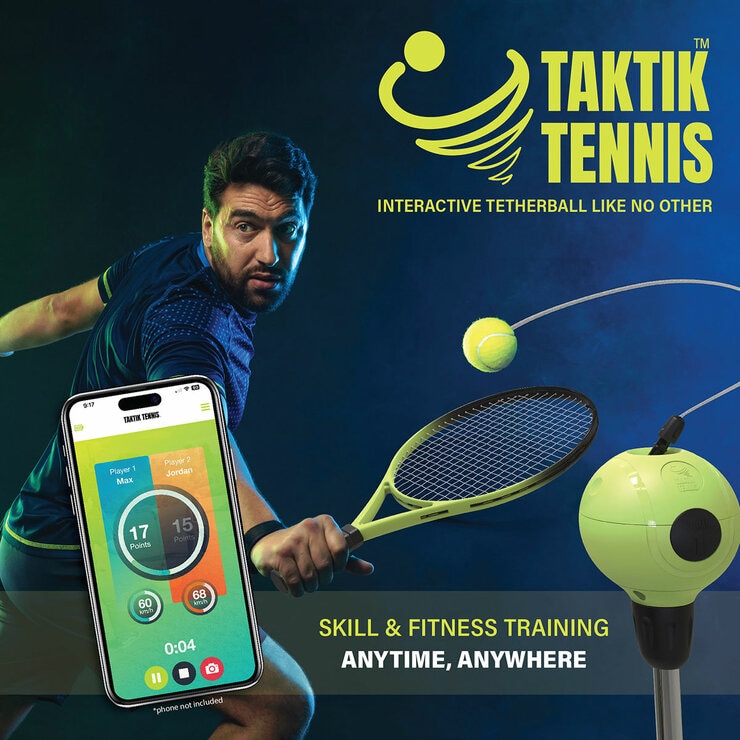 Image showing a man playing TAKTIK Tennis and a phone demonstrating the app