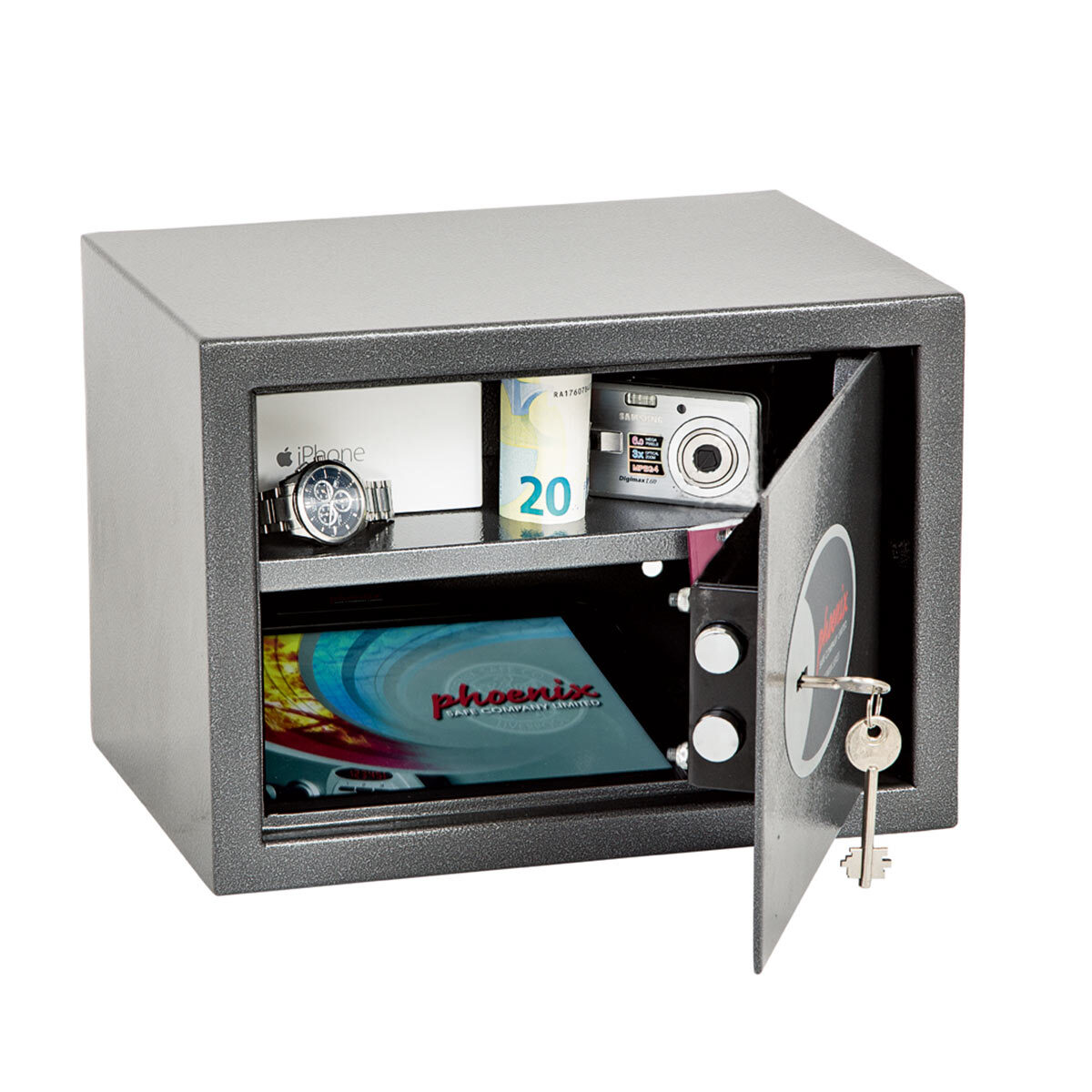 Cut out image of partially open safe on white background