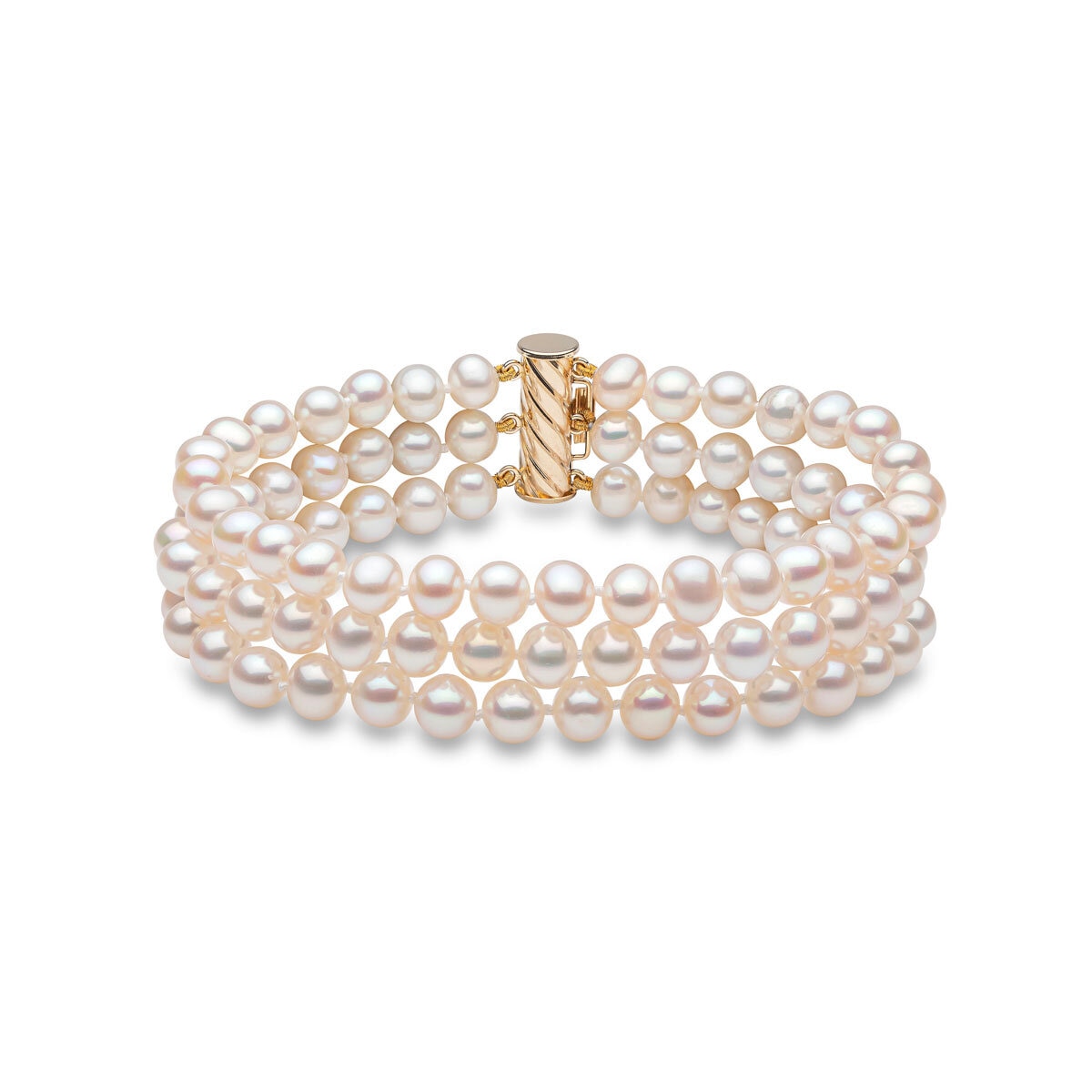 5.5-6mm Cultured Freshwater 3 Row White Pearl Bracelet, 14ct Yellow Gold