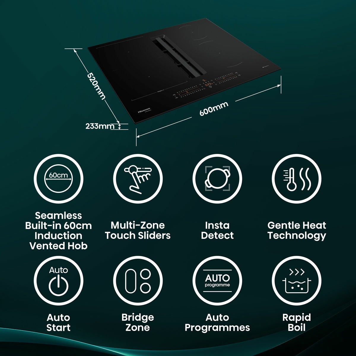 Hisense Hi6 HEH6432BSCWF 60cm Induction Hob in Black, For External / Recirculation Ventilation Hisense Hi6 HEH6432BSCWF 60cm Induction Hob in Black, For External / Recirculation Ventilation