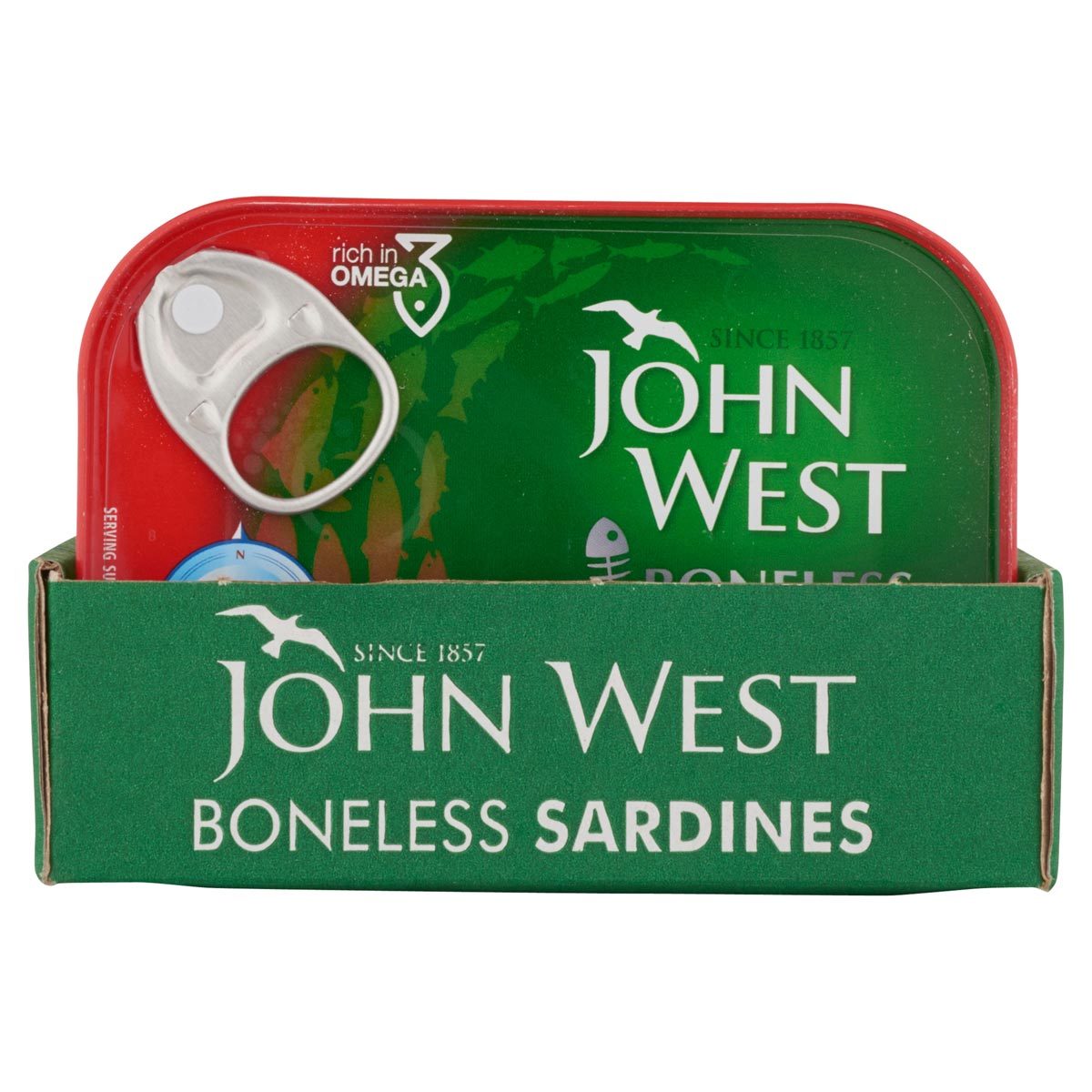 Front on image of tray of 12 x 95g John West Boneless Sardine tins