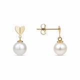 10.5-11mm Cultured Freshwater White Pearl Heart Drop Earrings, 14ct Yellow Gold