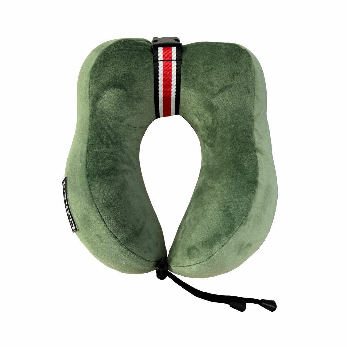 Green plush travel pillow with striped top detail and adjustable drawstring