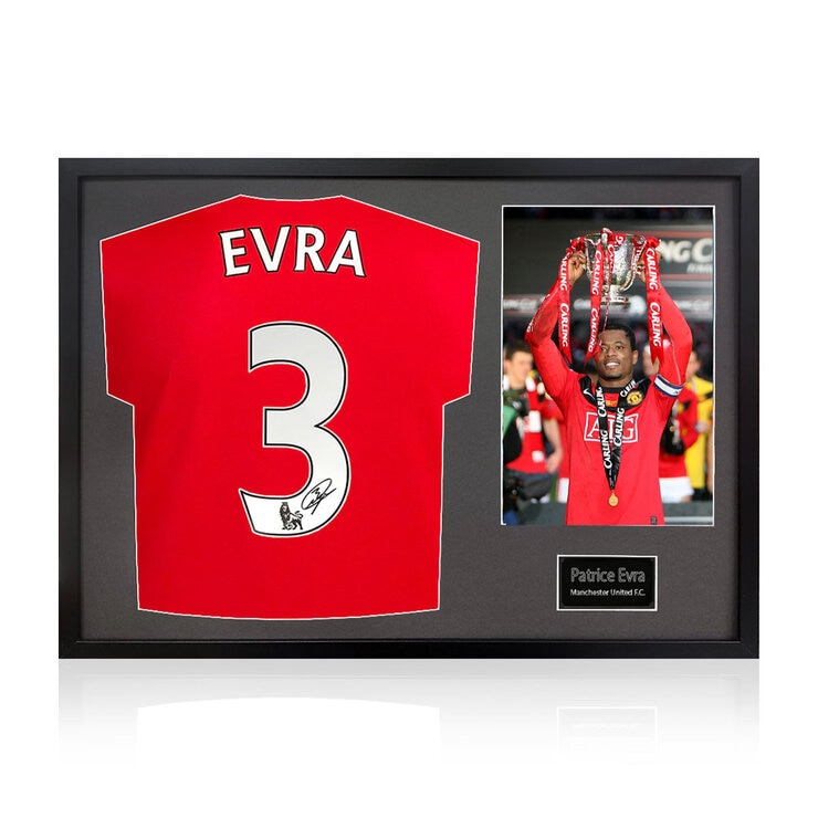 Patrice Evra Signed Framed Manchester United Football Shirt including 1 Photo, with White Mount Patrice Evra Signed Framed Manchester United Football Shirt including 1 Photo, with White Mount