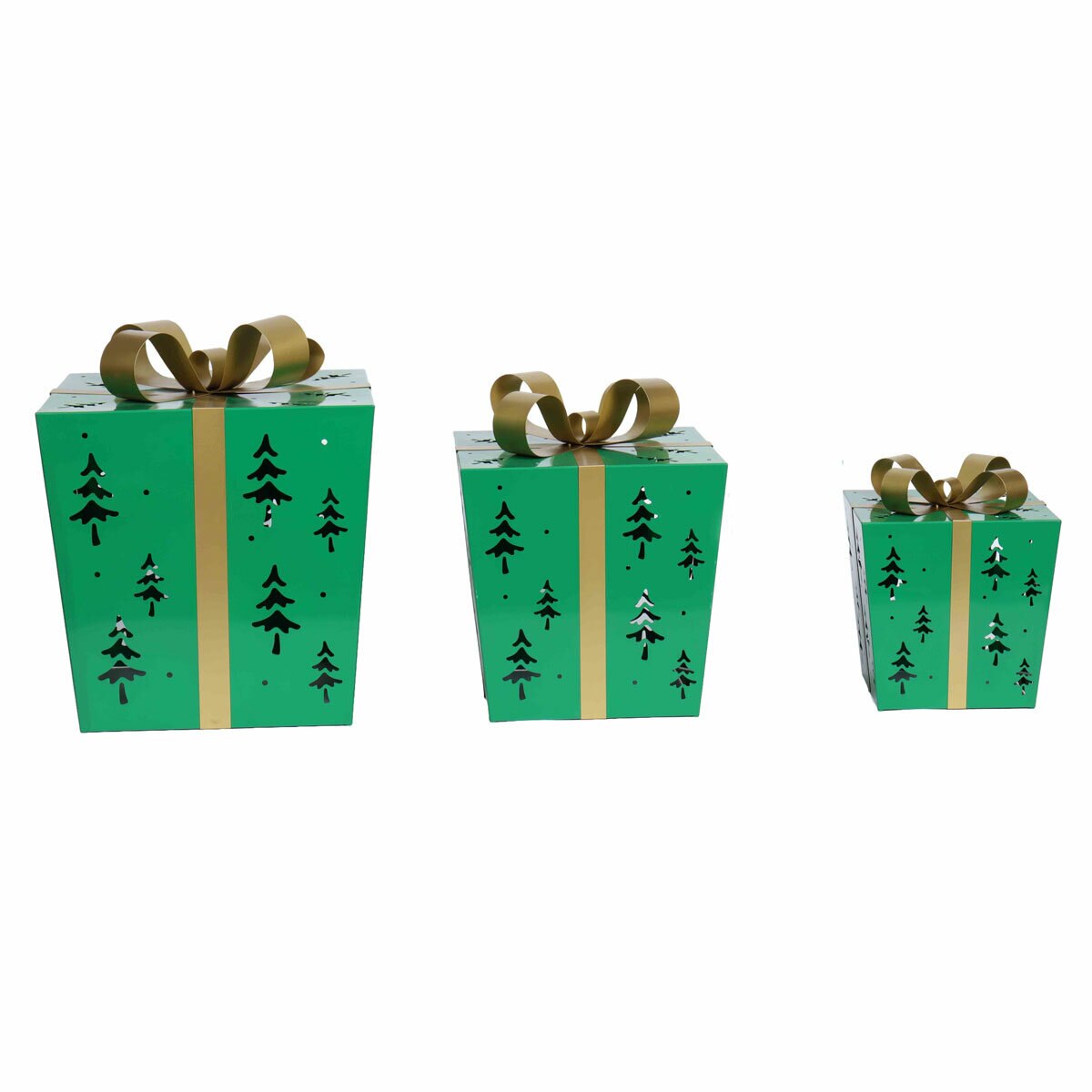 Green Metal Gift Boxes with LED Tree Pattern – Set of 3