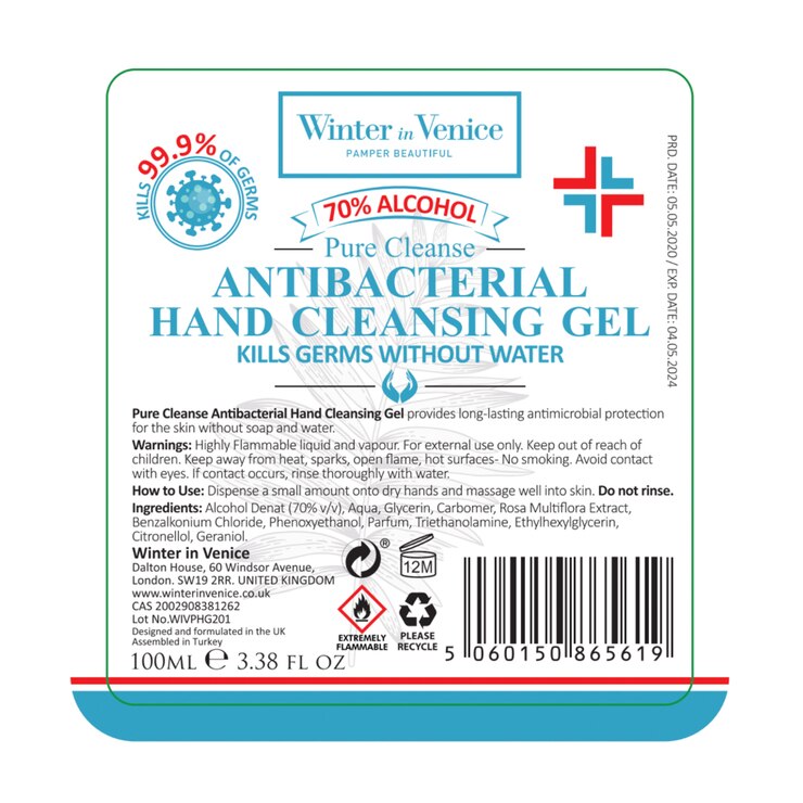 Winter in Venice Antibacterial Hand Cleansing Gel, 4 x 100ml (70