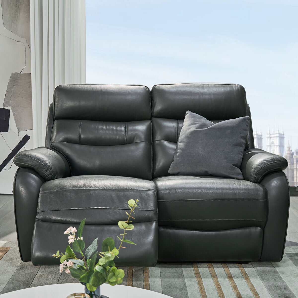 Fletcher Dark Grey Leather Power Reclining 2 Seater Sofa with Power Headrest