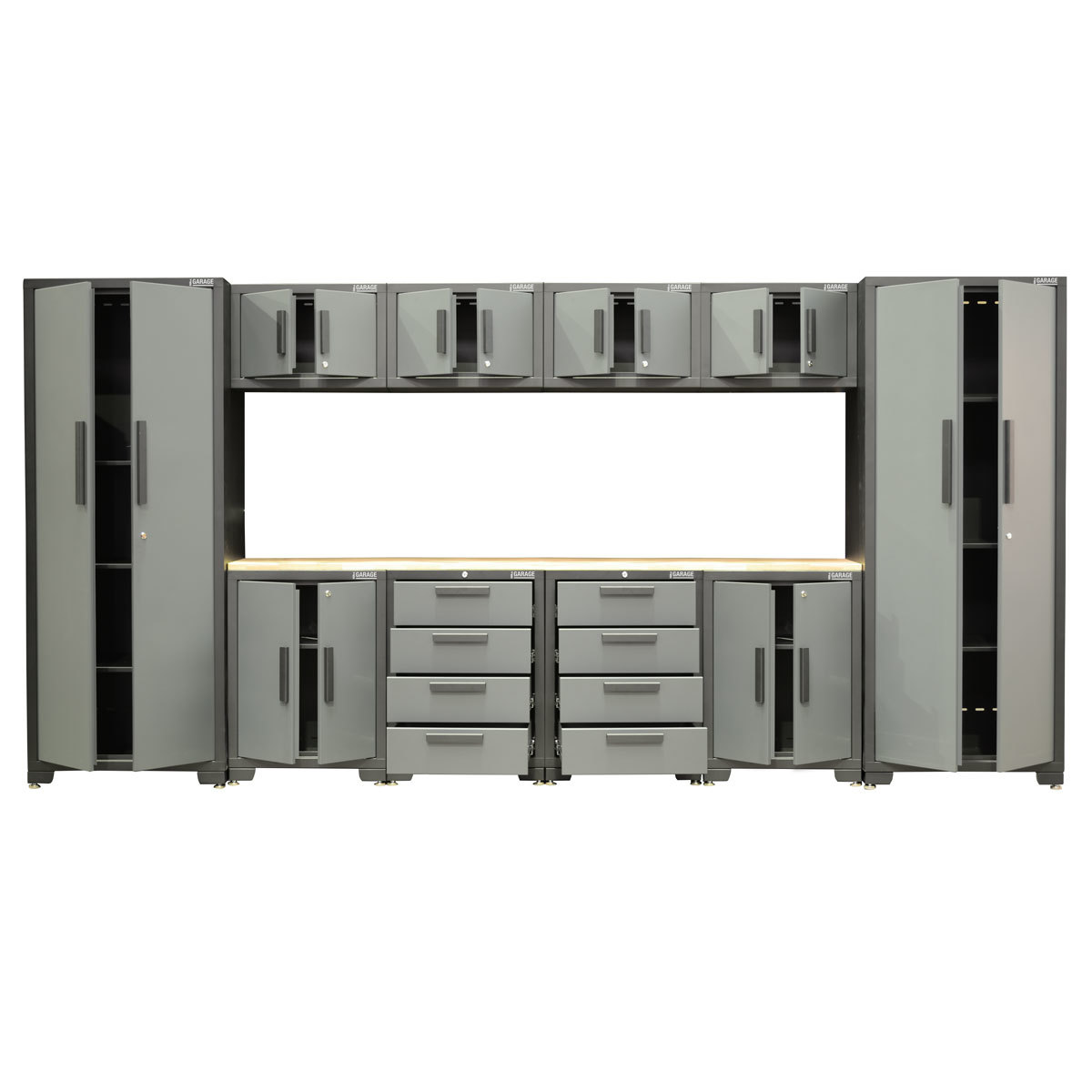 Front facing image of Hilka 11 piece storage on white background doors and drawers open