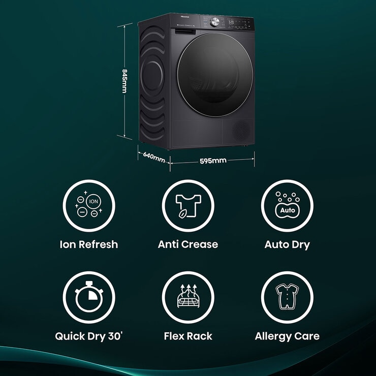 Hisense DH5S902BB, 9kg Heat Pump Tumble Dryer, A+++ Rated in Black