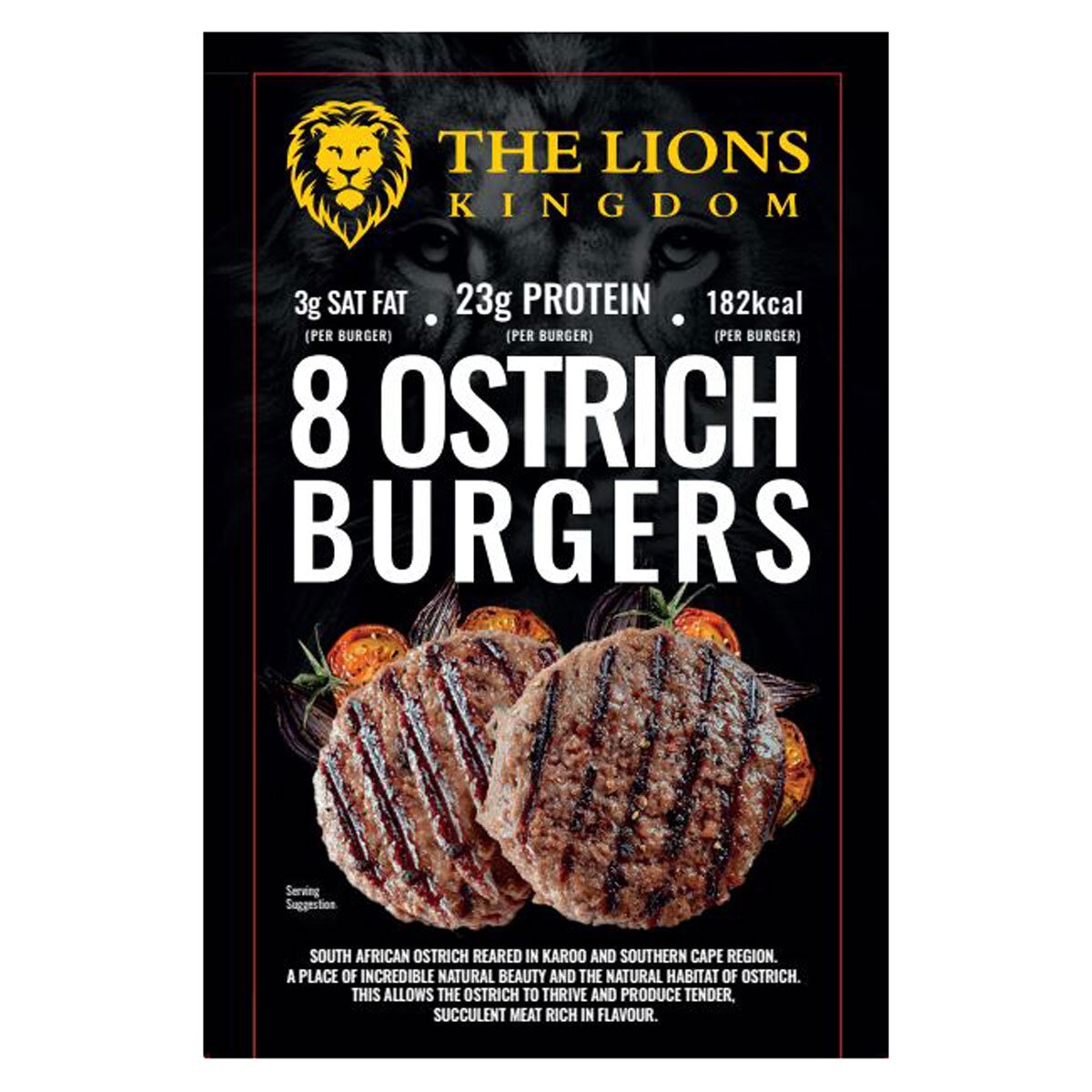 The Lions Kingdom Ostrich Burgers, 8 Pack