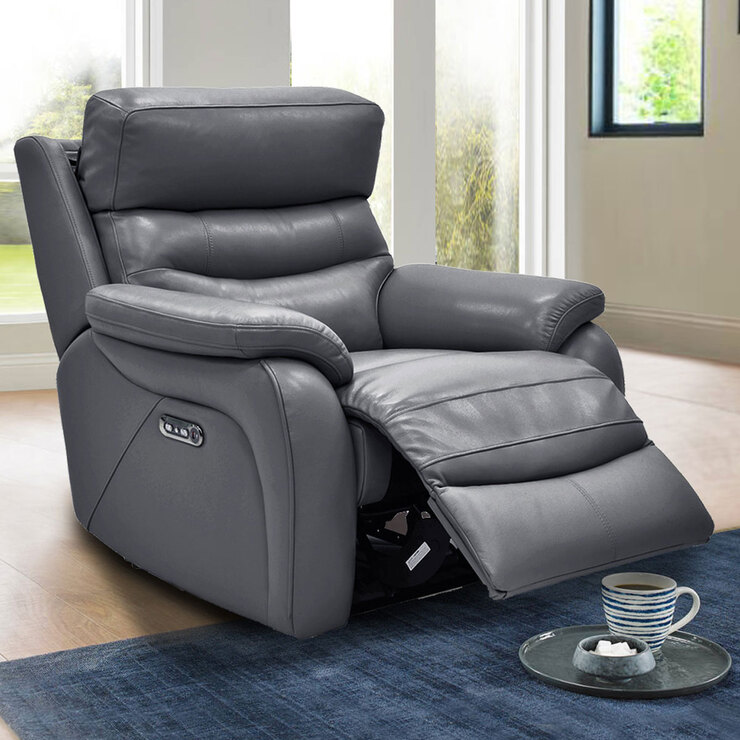 Fletcher Blue Leather Power Recliner Armchair with Power Headrest