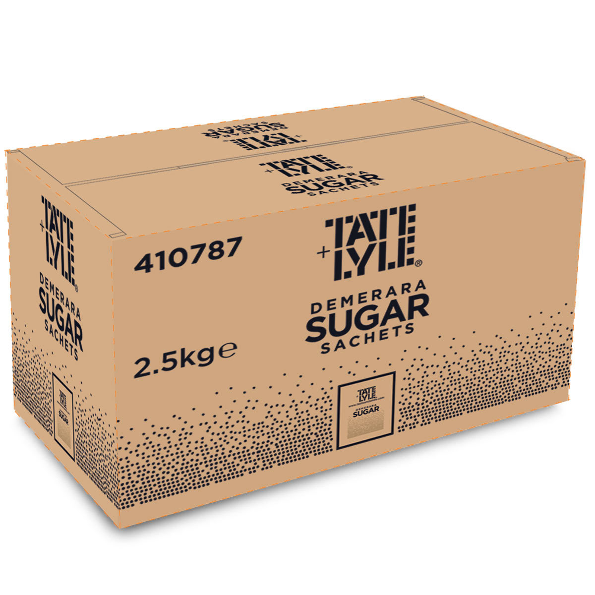 Image of brown Tate & Lyle box on white background with Demerara Sugar Sachets text