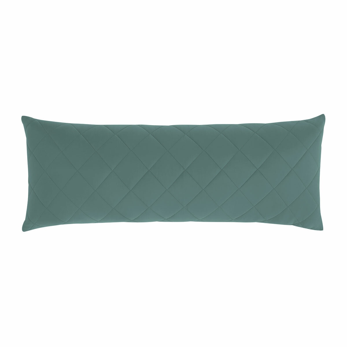 Quilted green body pillow with diamond stitching placed in front of two white pillows on a neatly Quilted green body pillow with diamond stitching placed in front of two white pillows on a neatly