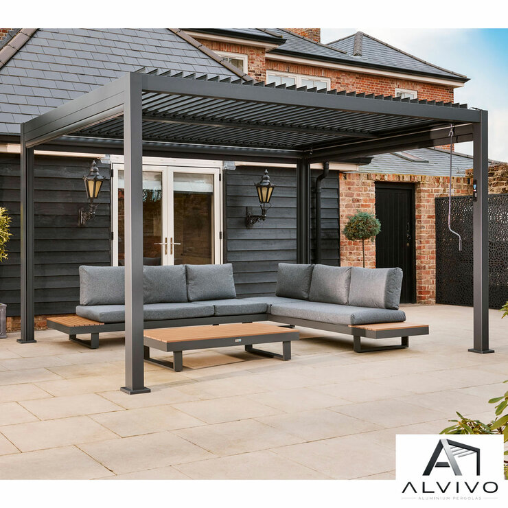 Alvivo 9ft 7" x 12ft 10" (2.9 x 3.9m) Louvered Aluminium Pergola Bundle with Pull-Down Screens & LED Lights Alvivo 9ft 7" x 12ft 10" (2.9 x 3.9m) Louvered Aluminium Pergola Bundle with Pull-Down Screens & LED Lights