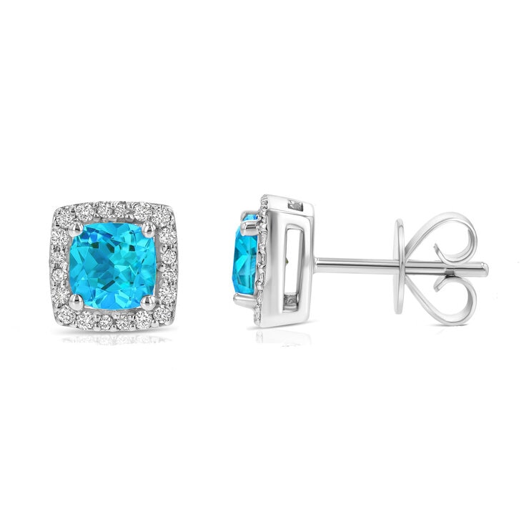 Cushion Cut Swiss Blue Topaz and 0.13ctw Diamond Stud Earrings, 14ct White Gold Cushion Cut Swiss Blue Topaz and 0.13ctw Diamond Stud Earrings, 14ct White Gold