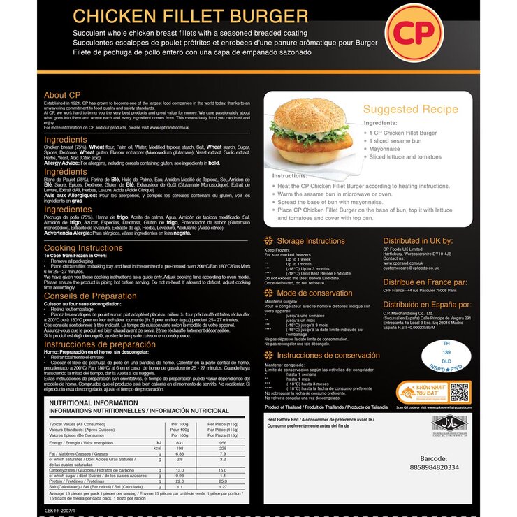 Back of Pack of Chicken Fillet Burger