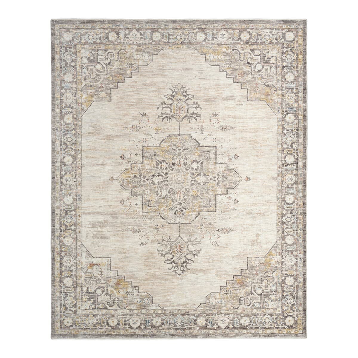 Beige and grey rug with central medallion and ornate symmetrical pattern Beige and grey rug with central medallion and ornate symmetrical pattern