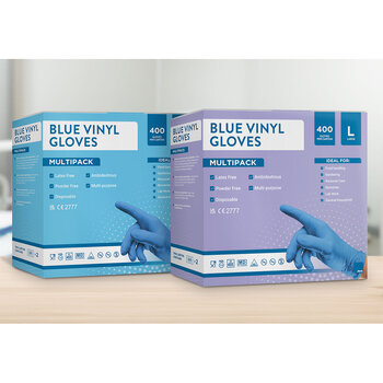 Jena Blue Vinyl Gloves, 400 Pack in 2 Options