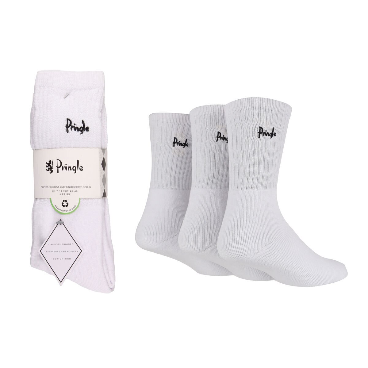 Pringle Men's 2 x 3 Pack Cushioned Sports Socks in White, Size 7-11