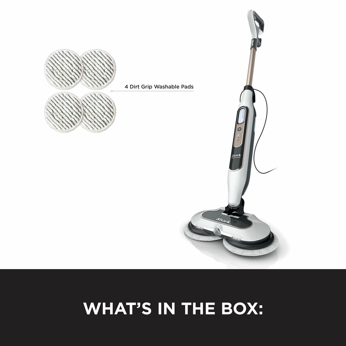 Left profile of Shark Steam & Scrub Automatic Steam Mop with Steam Blaster with what's in the box