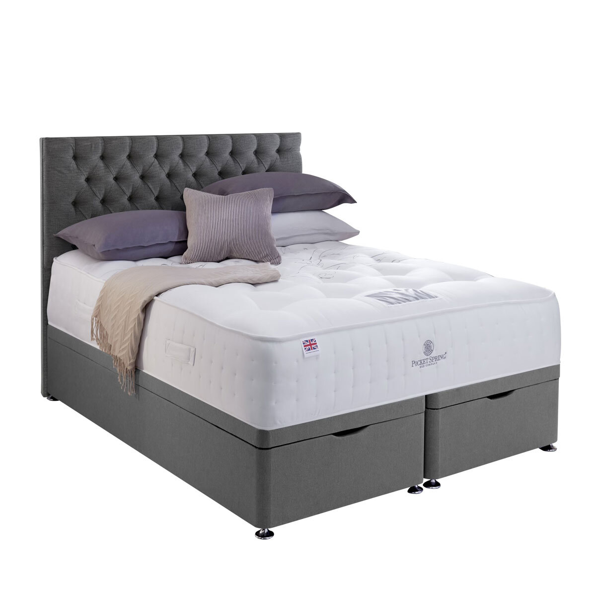 Pocket Spring Bed Company Mulberry Mattress & Sterling Grey Ottoman Divan with 4 Drawers in 3 Sizes