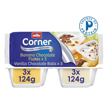Müller Corner Banana Chocolate Flakes and Vanilla Chocolate Balls Yogurts, 6 x 124g