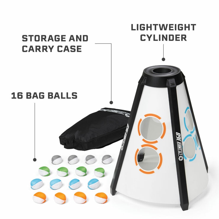 Studio image of the cylinder, 16 bag balls and carry case
