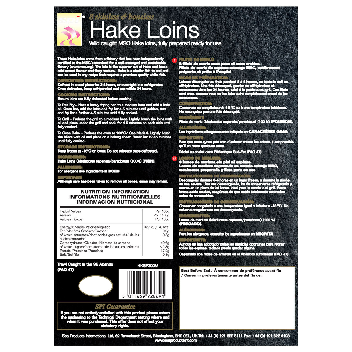 Back of Pack of Skinless Boneless Hake Loins