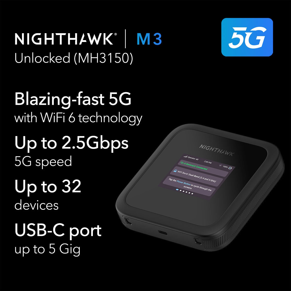 Netgear Nighthawk M3, Mobile Hotspot Router, WiFi 6, 3.6Gbps,5GHZ,MH3150-100EUS