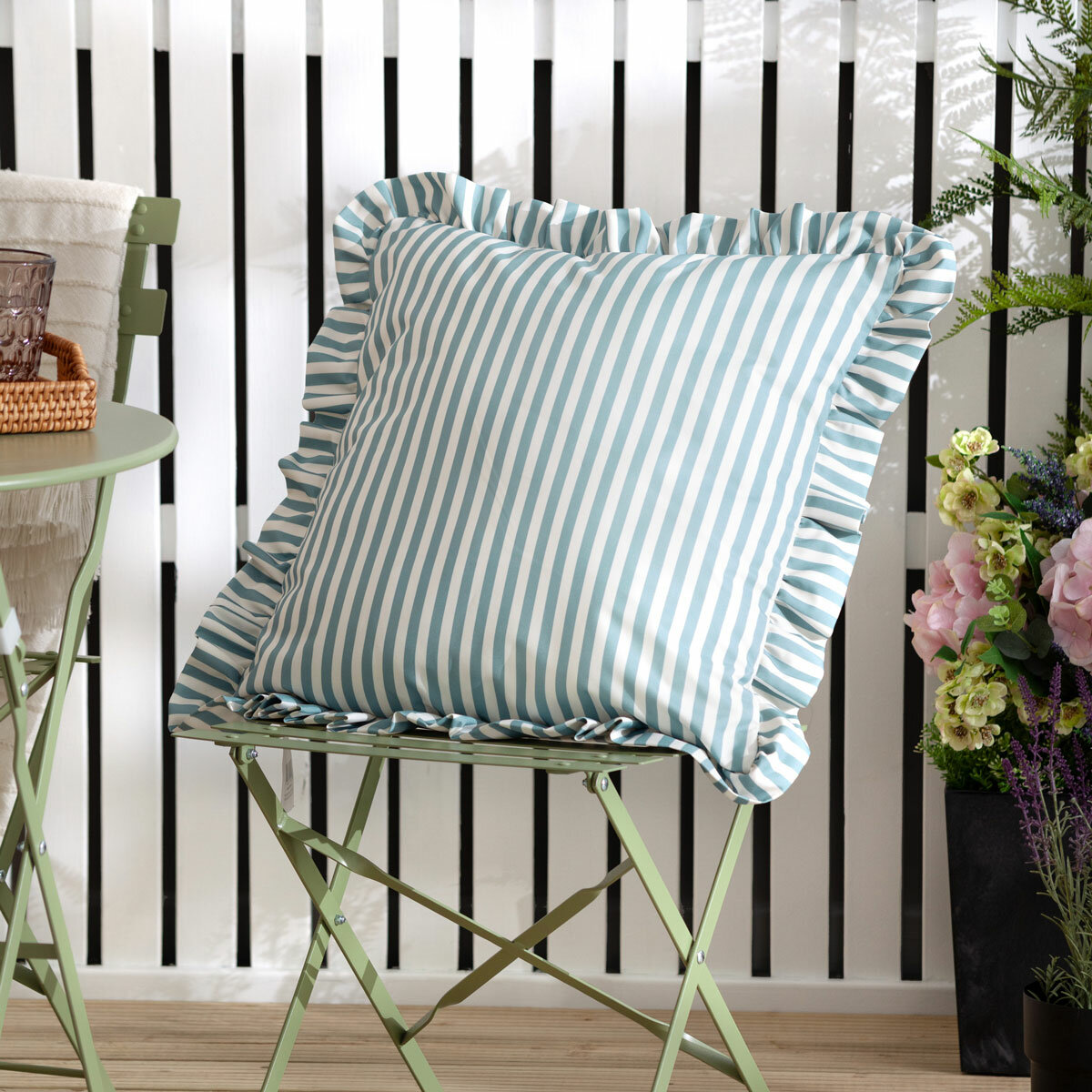 Wylder Millie Ruffle Blue Striped Indoor Outdoor Cushion, 50 x 50 cm