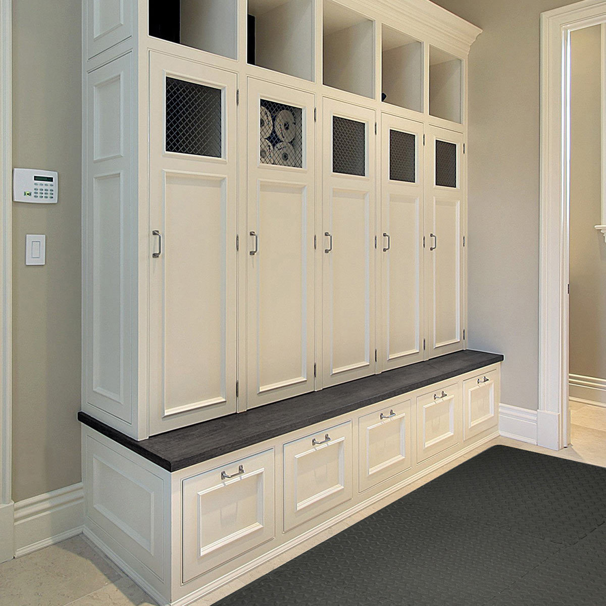 Lifestyle image with white cabinet - and flooring on top of marble flooring
