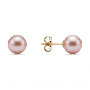 7-7.5mm Cultured Freshwater Pink Pearl Earrings, 14ct Yellow Gold