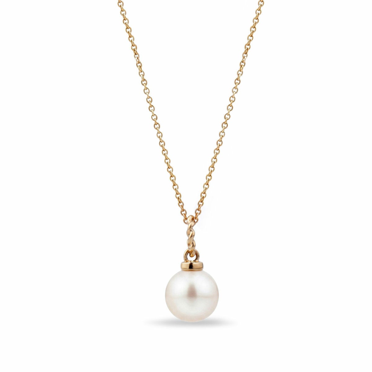 7-8mm Cultured Freshwater White Pearl Round Necklace, 14ct Yellow Gold