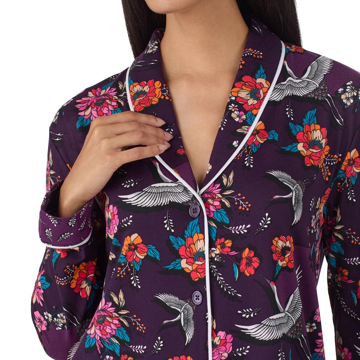 Room Service Ladies Notch Collar PJ Set, 2 Piece in Purple Crane
