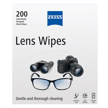 Front facing image of the box of lens wipes showcasing some goods it can be used on