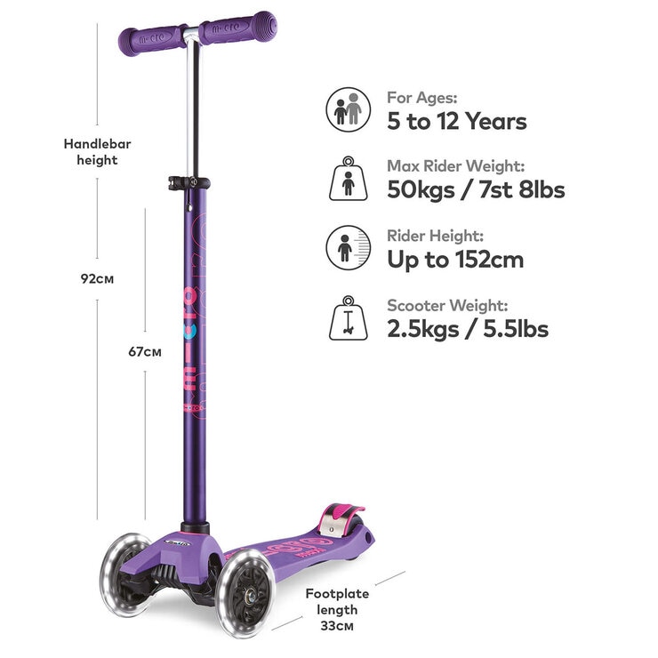 Micro Maxi Deluxe LED Purple Scooter with Small Pink Helmet and Unicorn Lunch Bag (5+ Years)