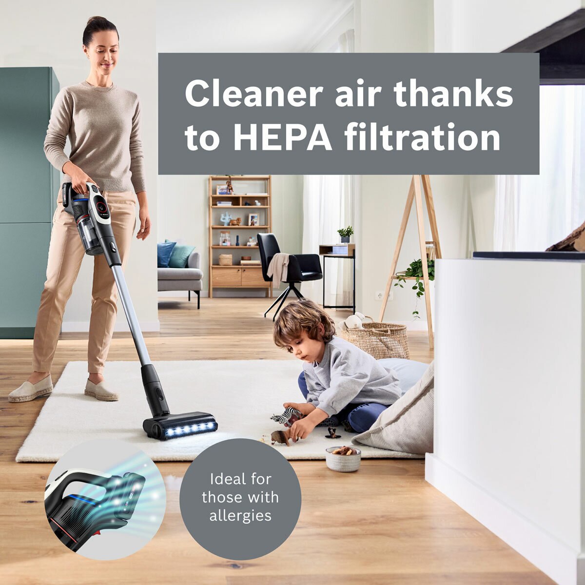 Lifestyle image of vacuum with HEPA filtration