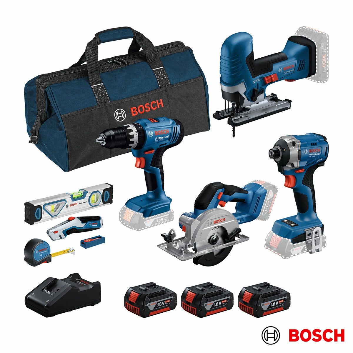 Bosch Professional 18V Power and Hand Tool Kit Including 3 x 4.0Ah Batteries, Charger and Tool Bag