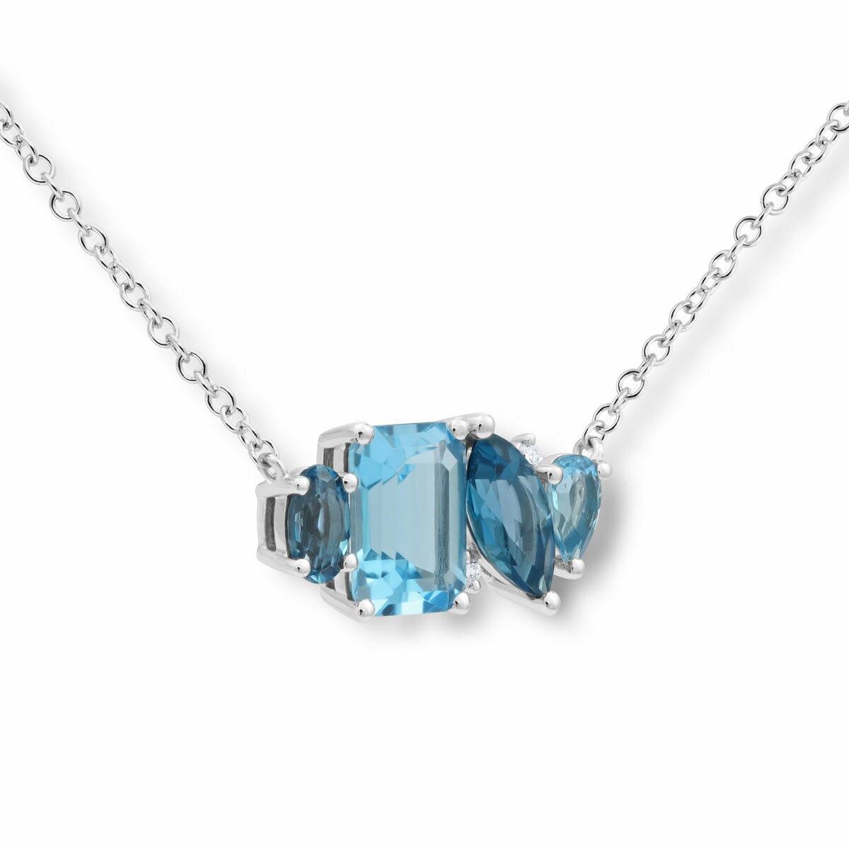 Oval, Emerald, Marquise & Pear Cut Blue Topaz & 0.02ctw Diamond Necklace, 18ct White Gold