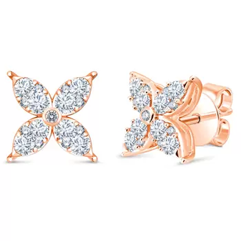 0.90ctw Round Brilliant Cut Diamond Flower Stud Earrings, 14ct Rose Gold