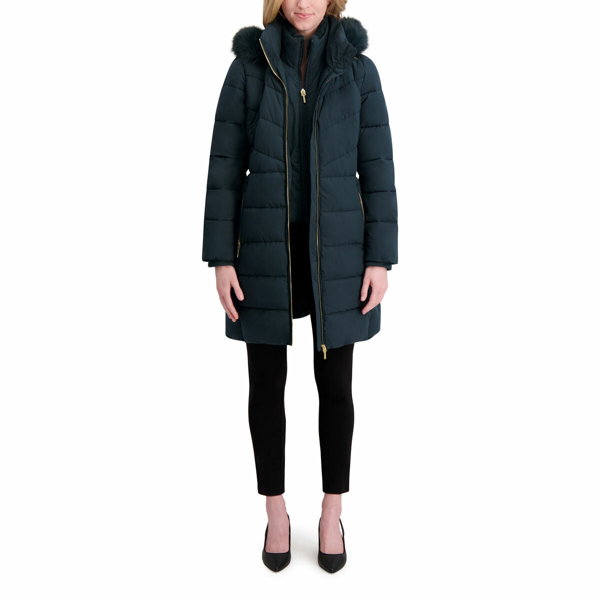Halston Ladies Hooded Walker Coat in Green