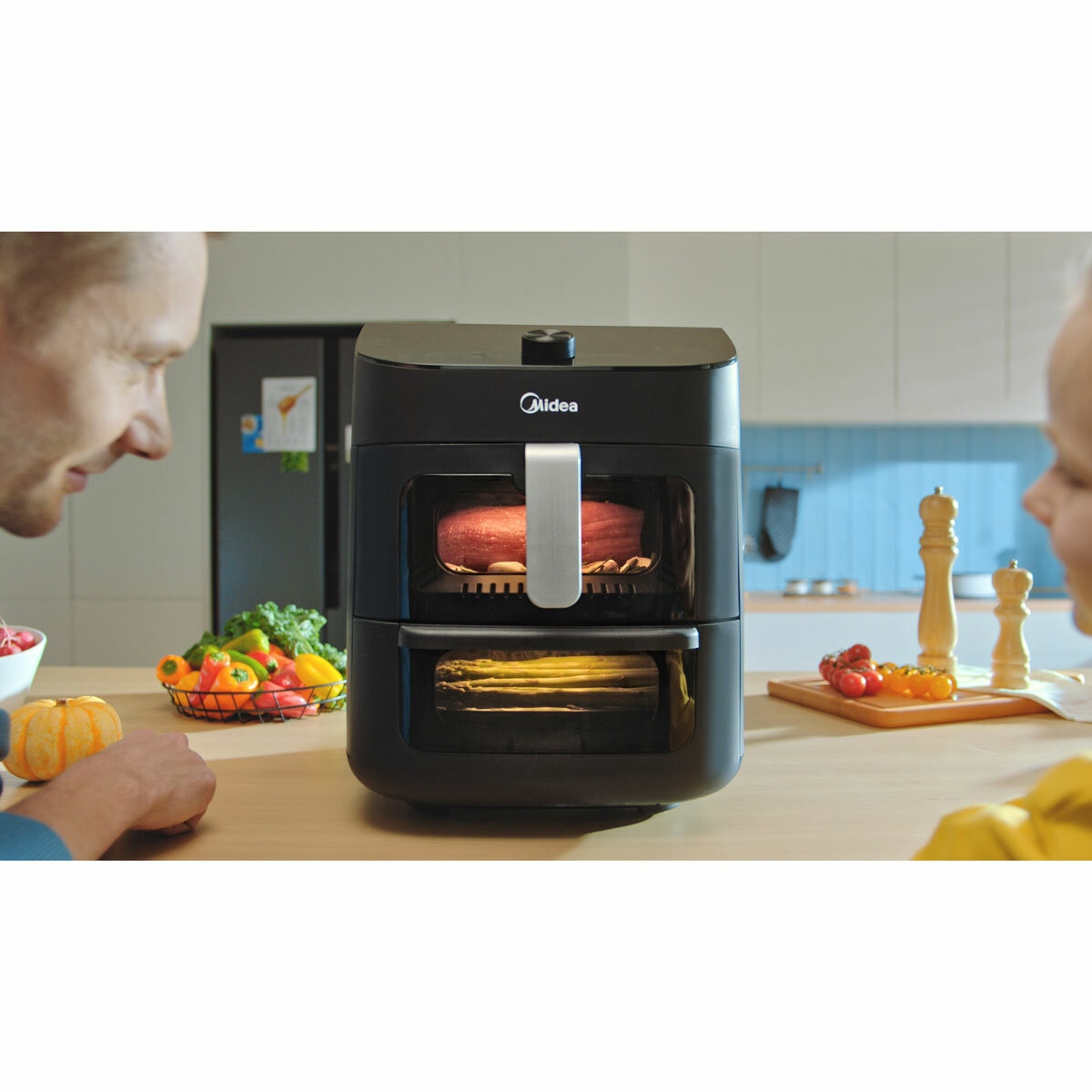 Front Profile of Midea Dual Basket Air Fryer with food inside
