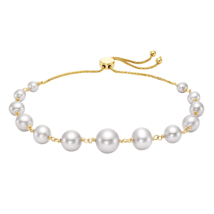 3.59mm Cultured Freshwater White Pearl Bolo Bracelet, 14ct Yellow Gold