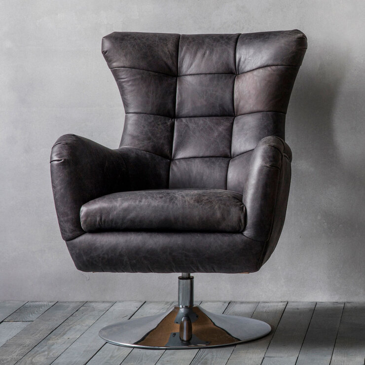 Gallery Newport Top Grain Leather, Black Leather Swivel Chair