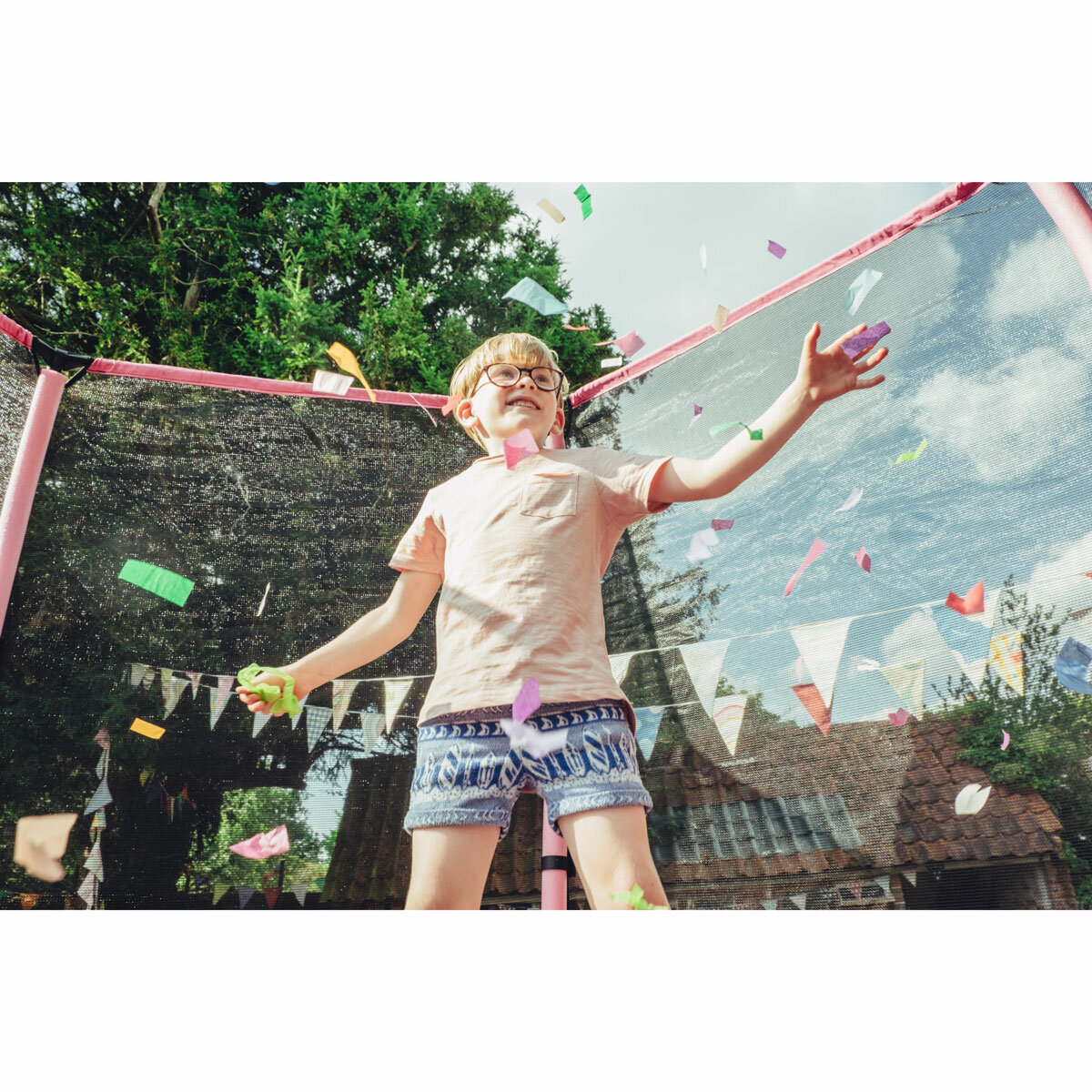 Lifestyle image of the Plum logo on the trampoline